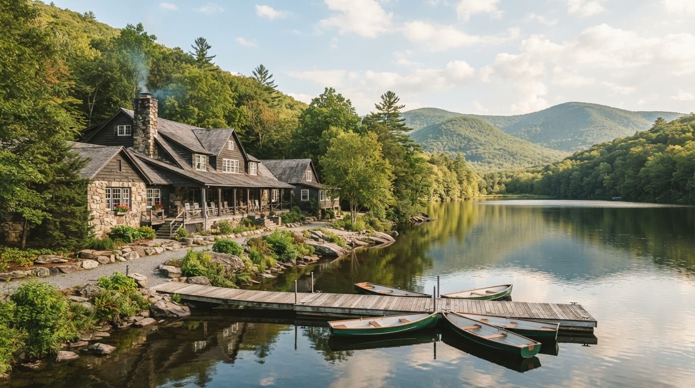 A vintage lakeside lodge evoking Mountain Lake in Virginia and Lake Lure in North Carolina.