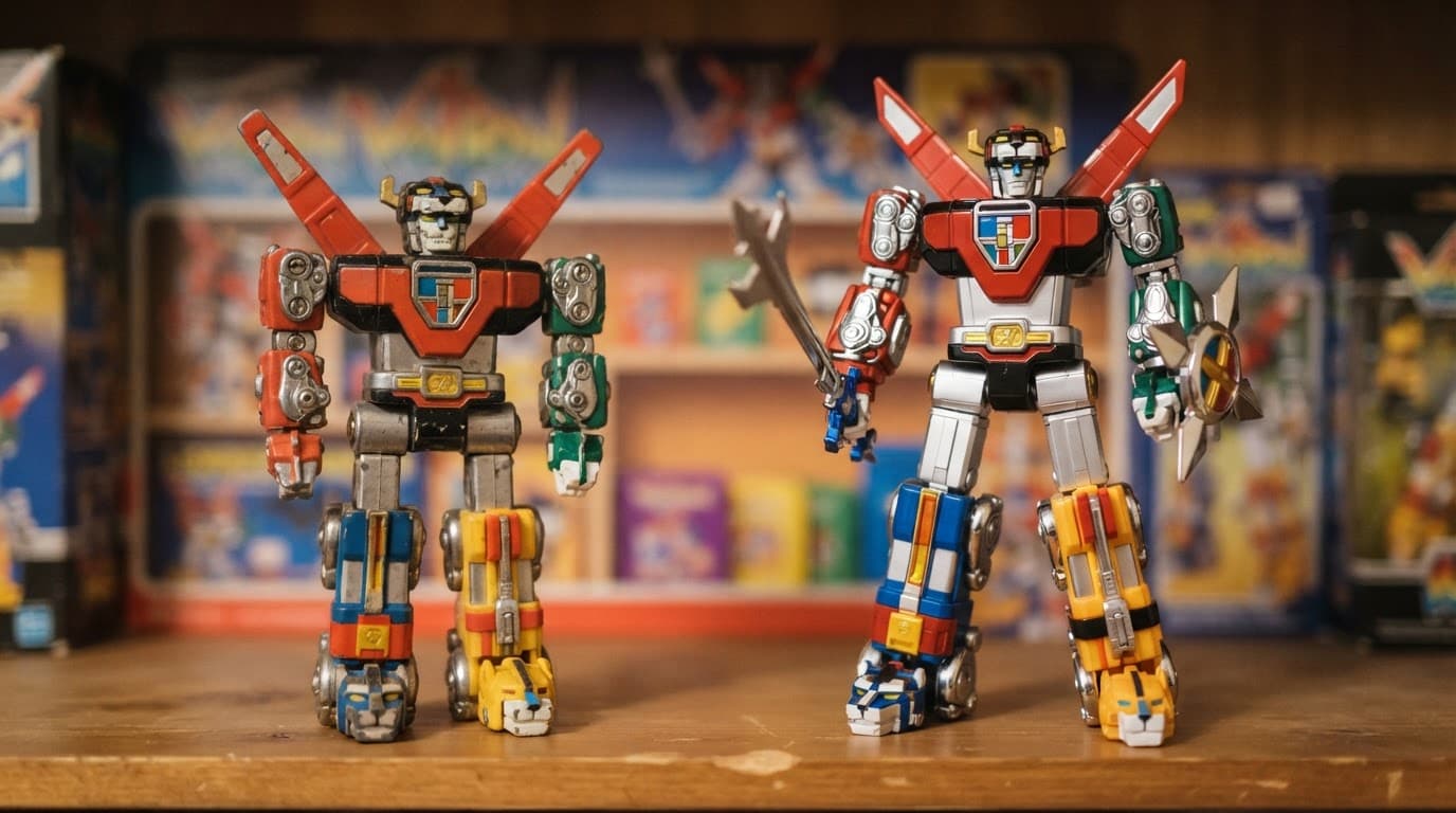Two lion robots from different eras displayed side by side on a shelf.