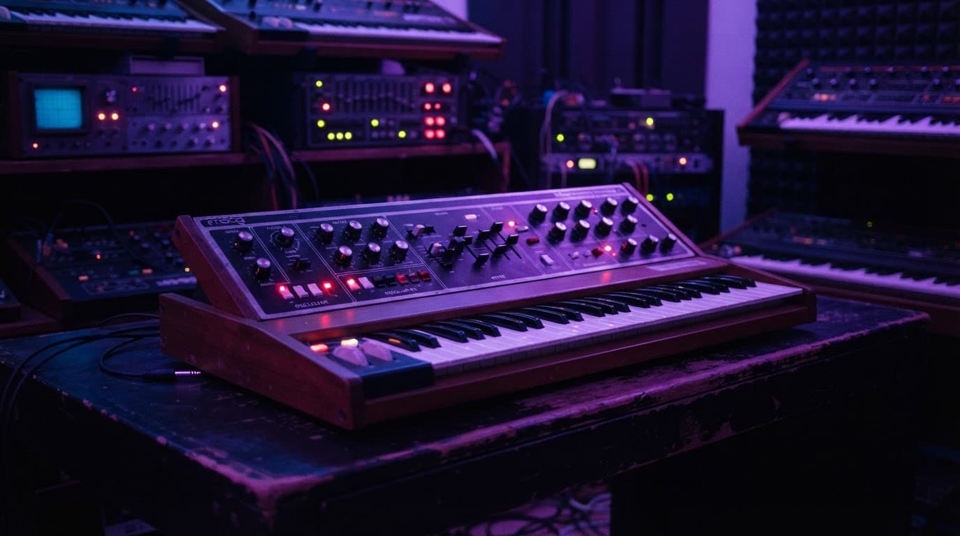 A vintage synthesizer glowing purple and blue in a dark recording studio showing the instruments used in making 80s one-hit wonders.
