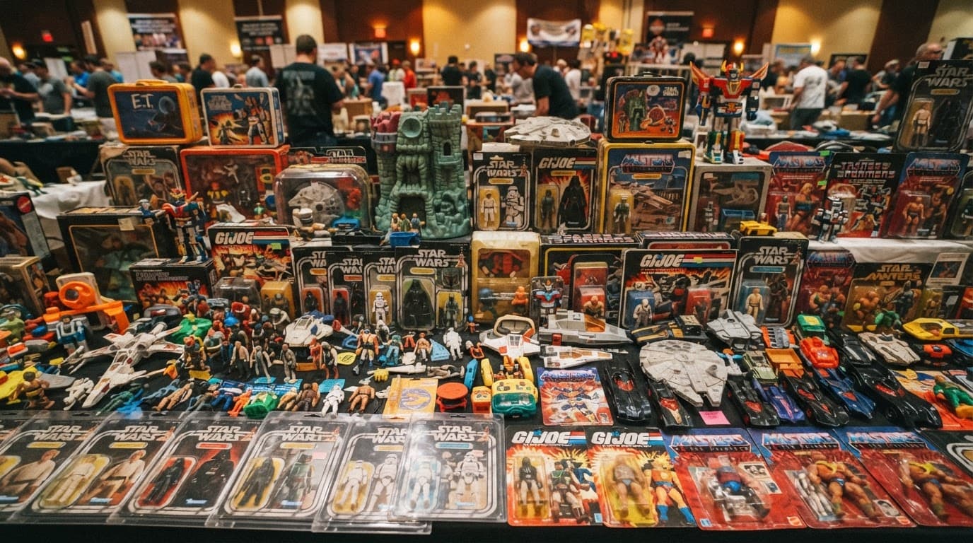 A table displays colorful vintage toys and carded action figures at a retro convention.