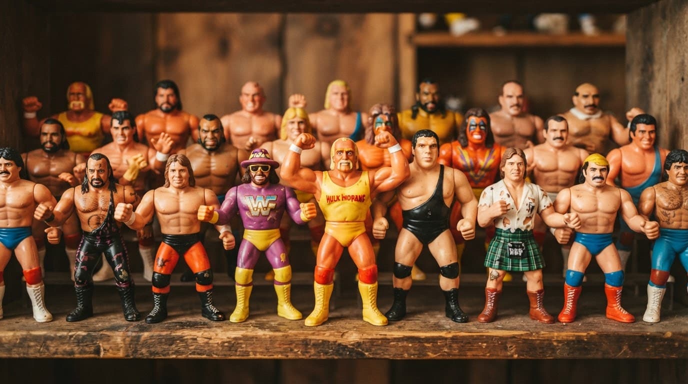 Vintage rubber wrestling figures standing together on a wooden shelf.