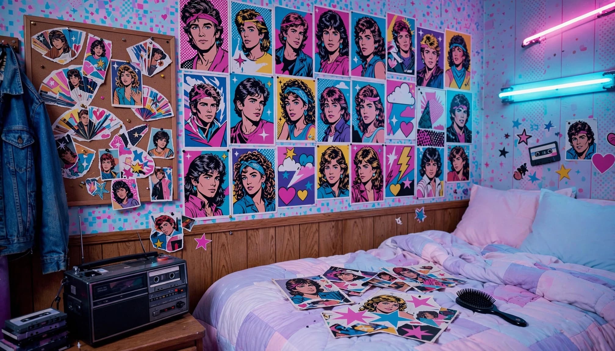 A colorful 1980s bedroom with posters, a cassette player, pastel bedding, and a denim jacket.