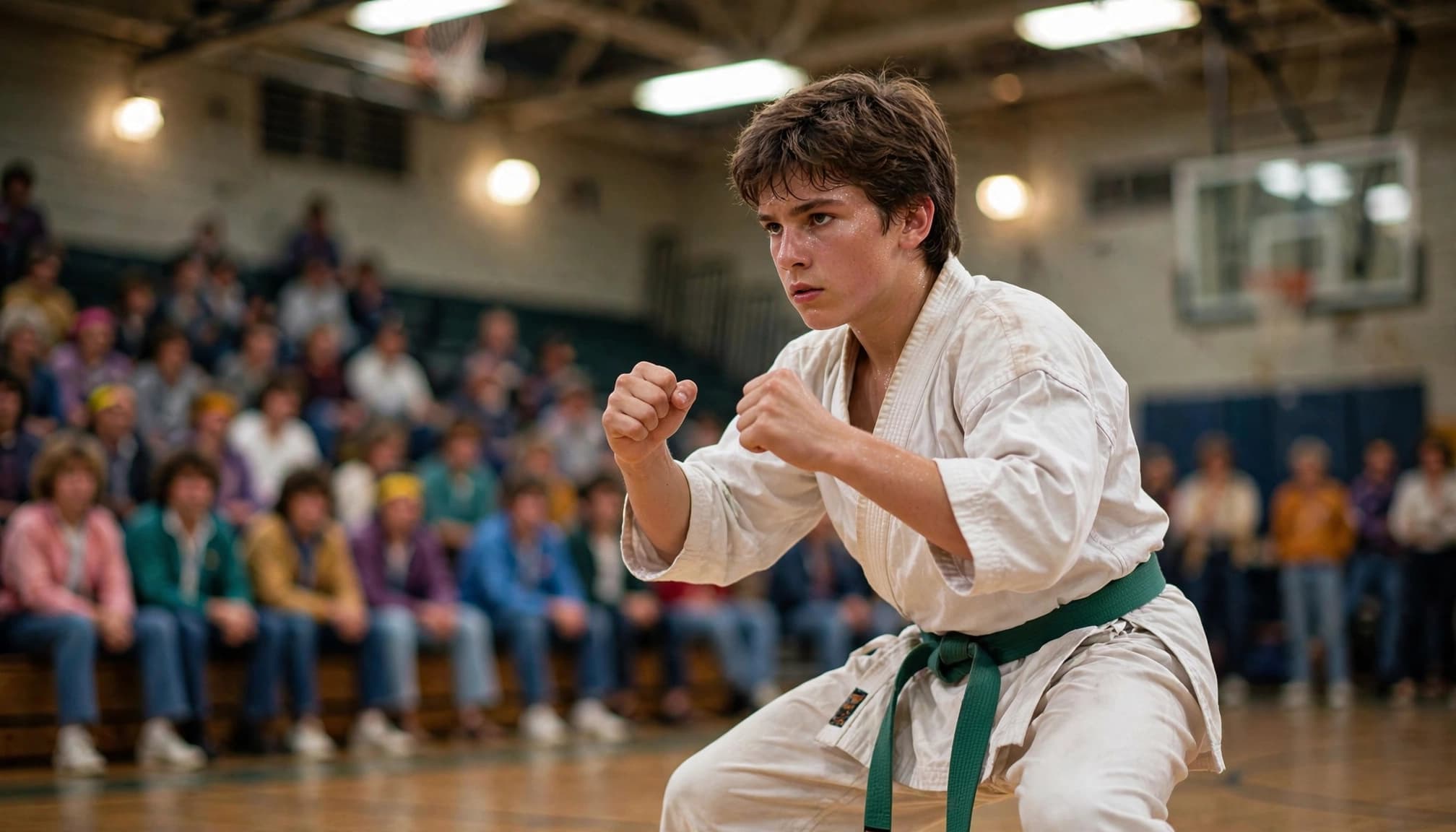 A teenage karate student in a white uniform faces a blurred tournament crowd.