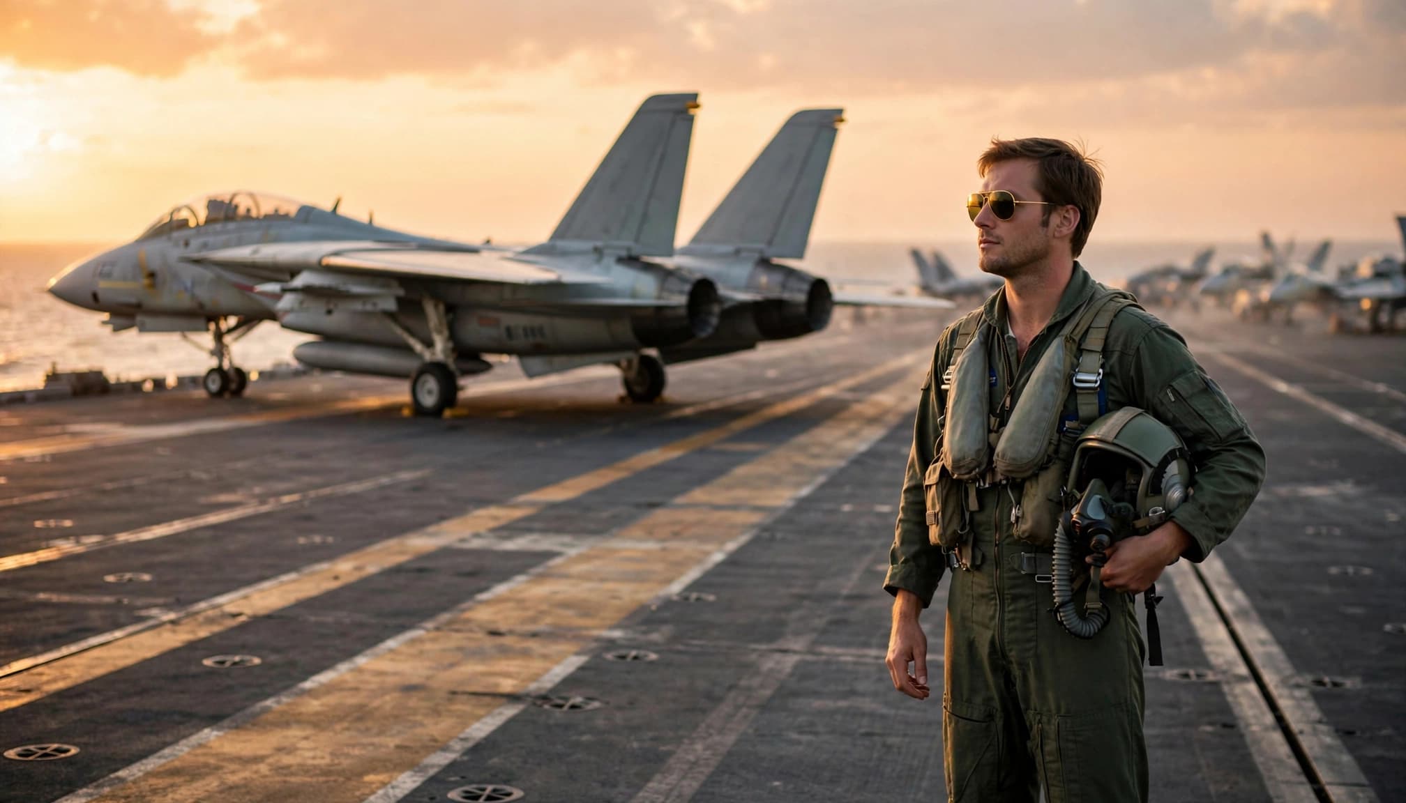 A naval pilot stands beside an F-14 on a carrier deck at sunset like the top gun 1986 movie