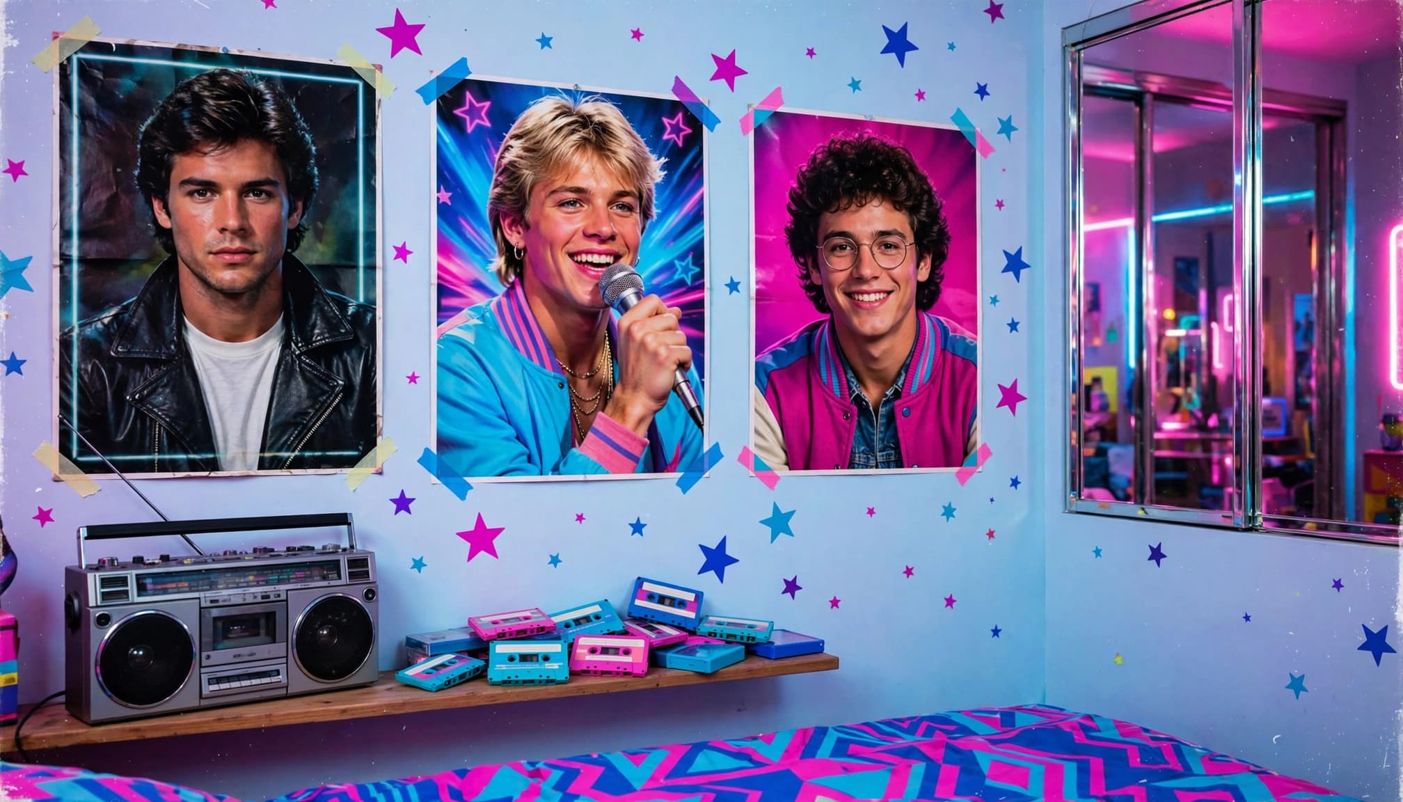 Three colorful teen idol posters hang above a boombox in an 1980s bedroom.