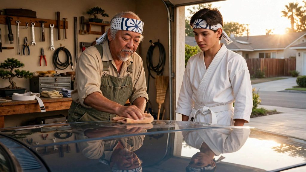 Mr. Miyagi waxes a vintage car as Daniel watches in his karate gi.