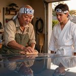 Mr. Miyagi waxes a vintage car as Daniel watches in his karate gi.