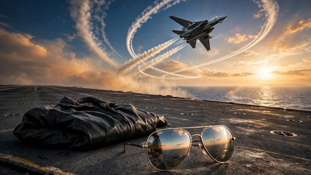 A fighter jet banks over the ocean above sunglasses and a leather jacket on a carrier deck.