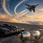 A fighter jet banks over the ocean above sunglasses and a leather jacket on a carrier deck.
