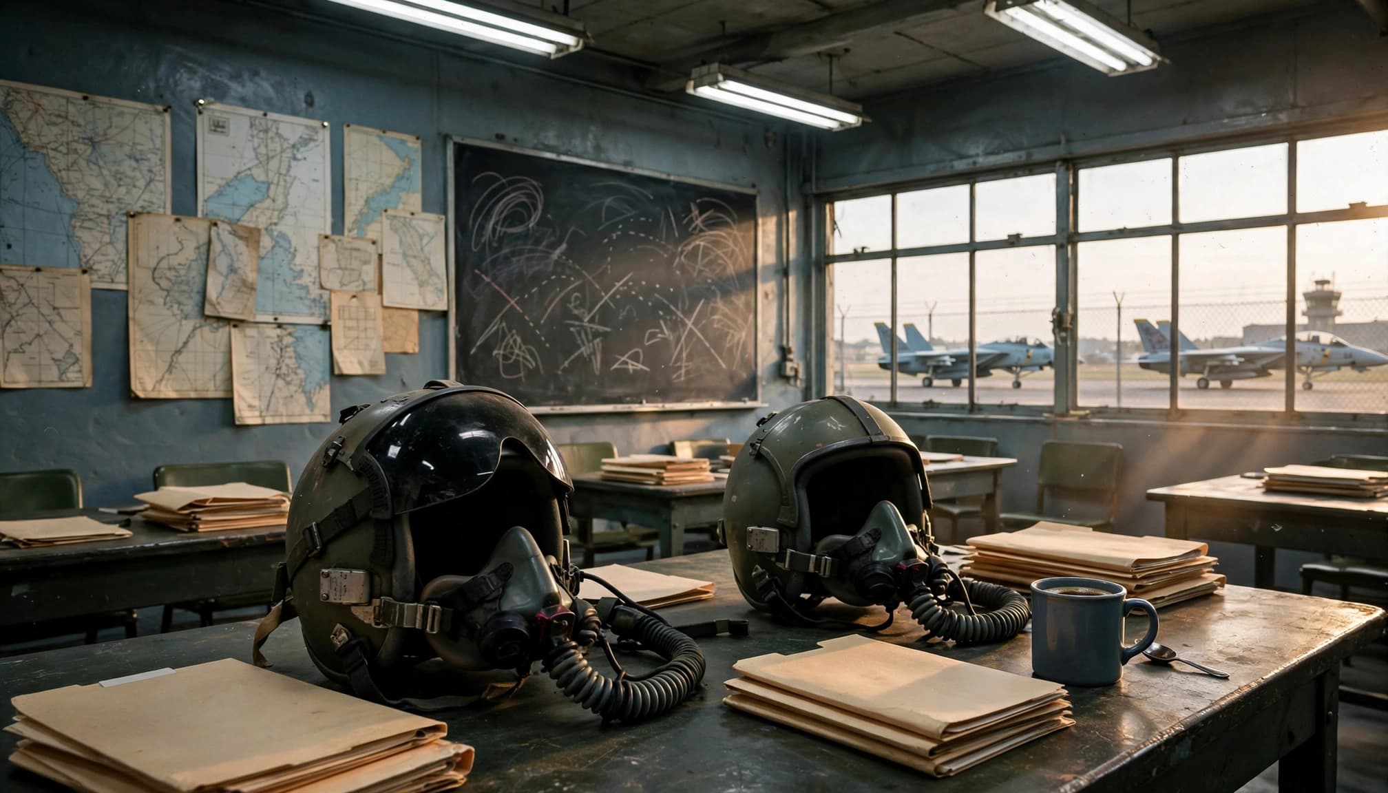 Two F-14 helmets sit on a table in a vintage naval aviation classroom that was used to train for top gun 1986 movie
