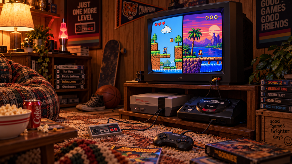 an 80s vintage room with a tv and a nes vs sega machines next to each other with a nintendo power magazine on the floor