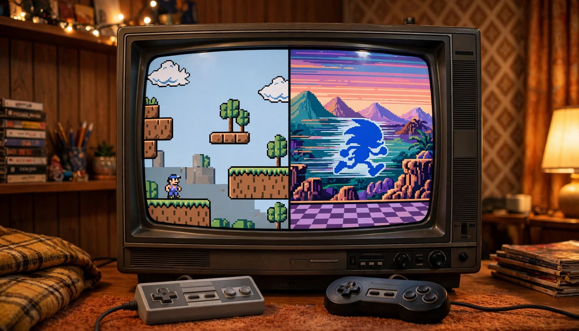 CRT television showing contrasting 8-bit and 16-bit game scenes with two controllers.