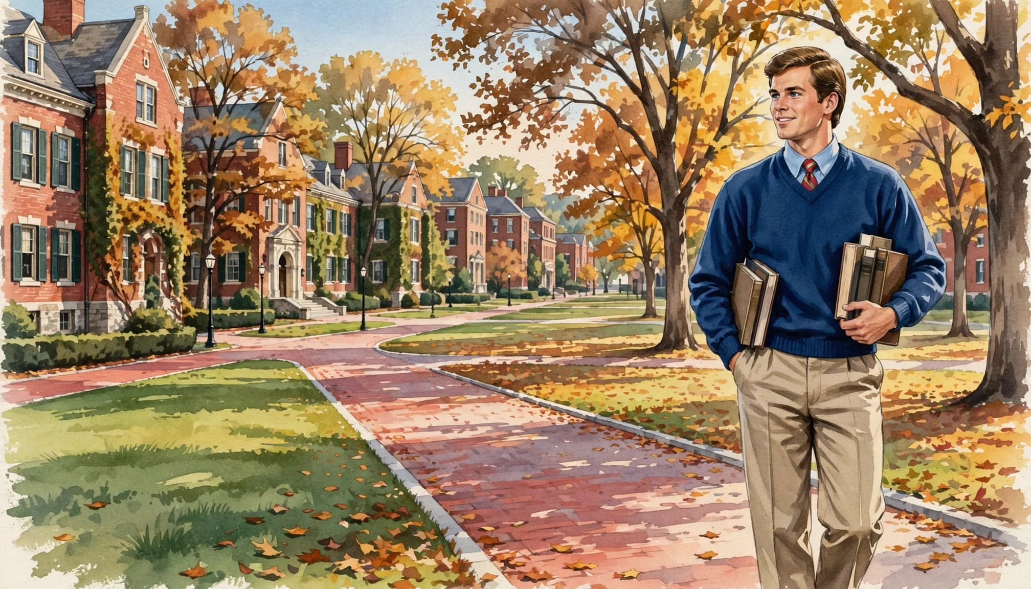 A young man in a blue sweater carrying books on an autumn college campus.