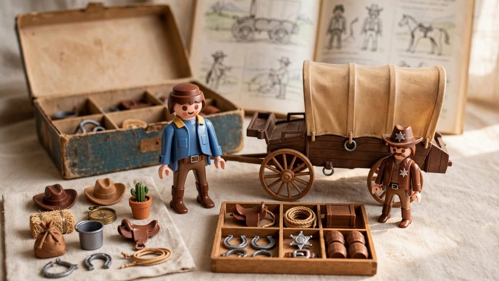 A Playmobil figure, wagon, sheriff, and accessories arranged beside vintage packaging and a catalog.