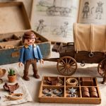 A Playmobil figure, wagon, sheriff, and accessories arranged beside vintage packaging and a catalog.