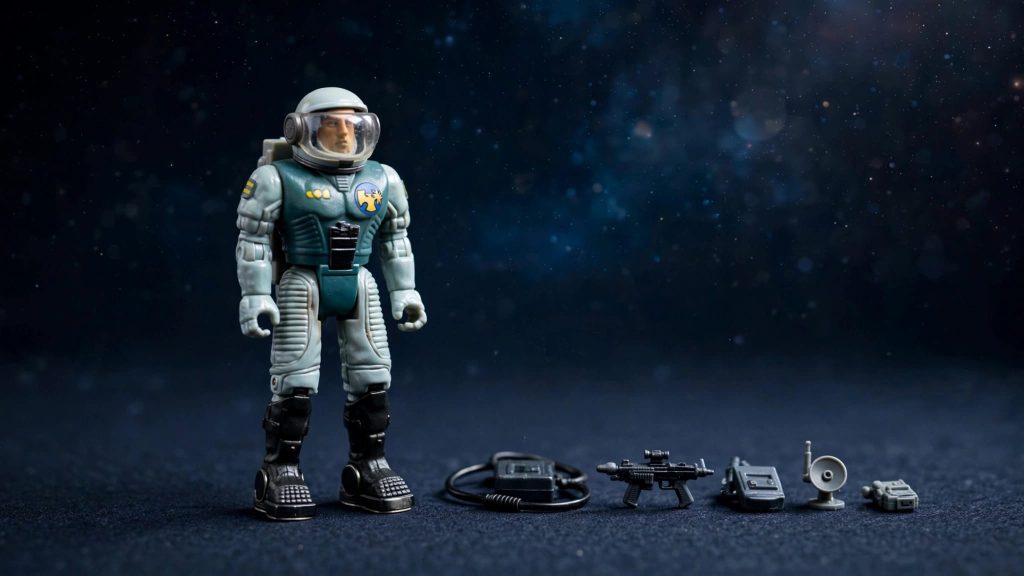 A vintage astronaut figure stands beside miniature accessories on a dark surface.