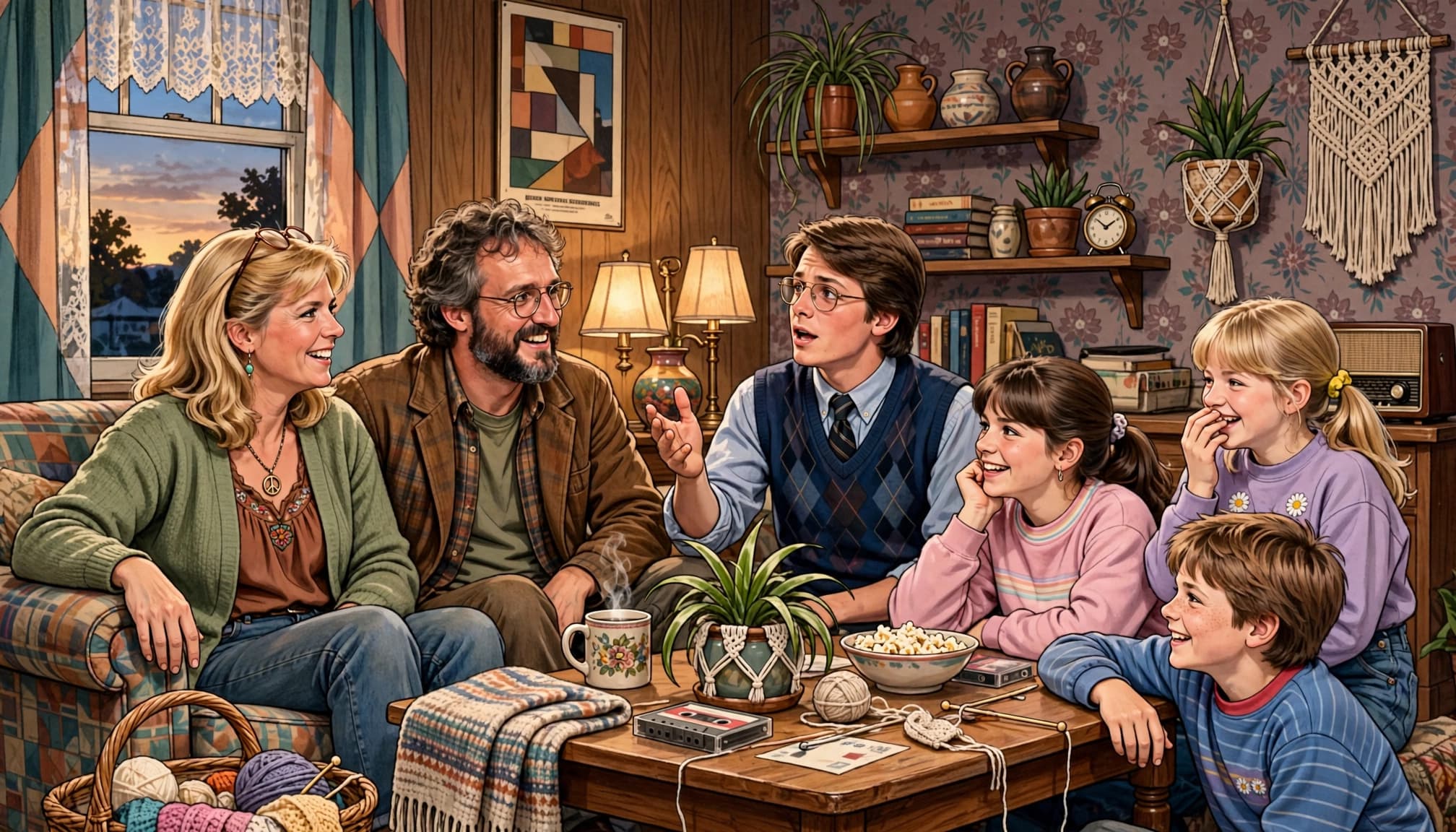 A family of six smiling and talking together in a cozy 1980s living room.