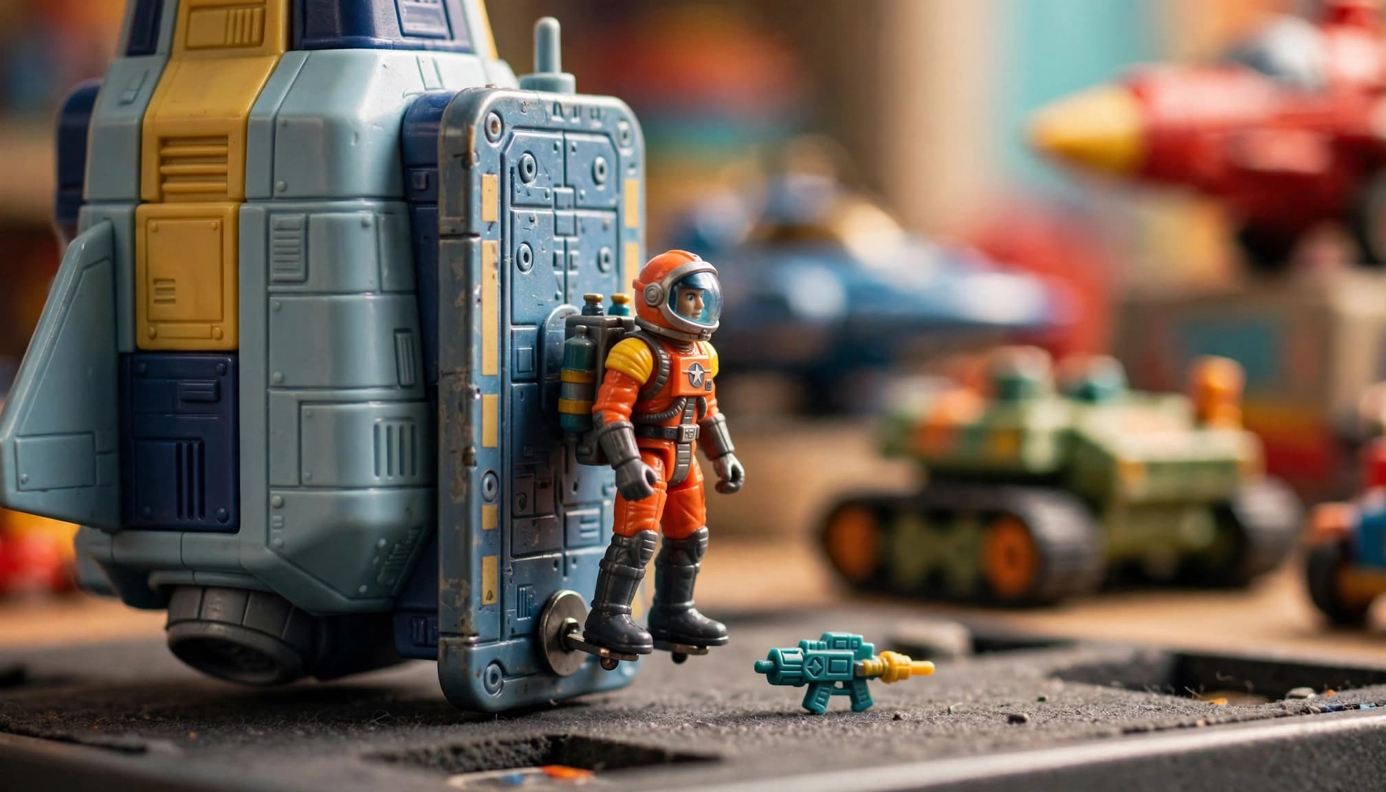 A small retro space action figure stands attached to the side of a toy spacecraft with a nearby weapon.