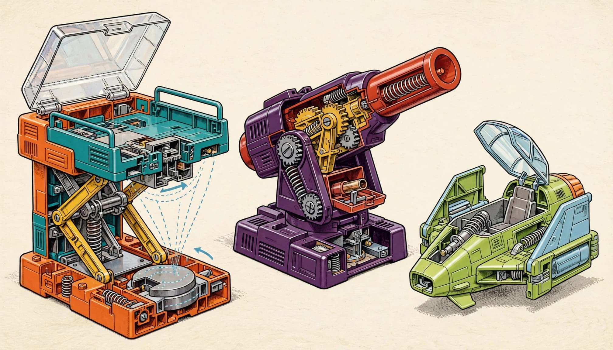 An illustration of retro space-toy playset pieces including a lift, a cannon, and a spacecraft.