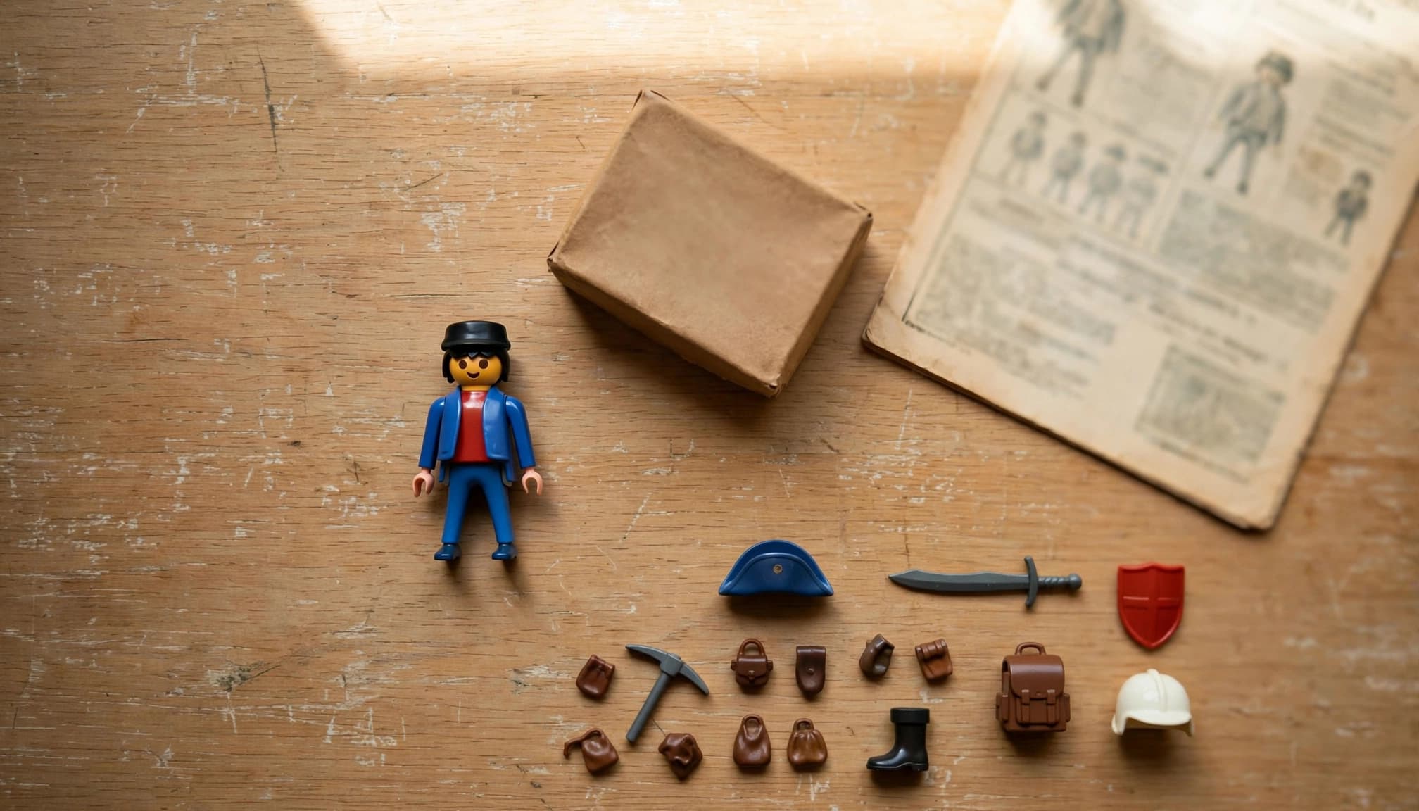 Overhead view of a Playmobil figure, a small brown box, a catalog page, and assorted accessories on a wooden table.