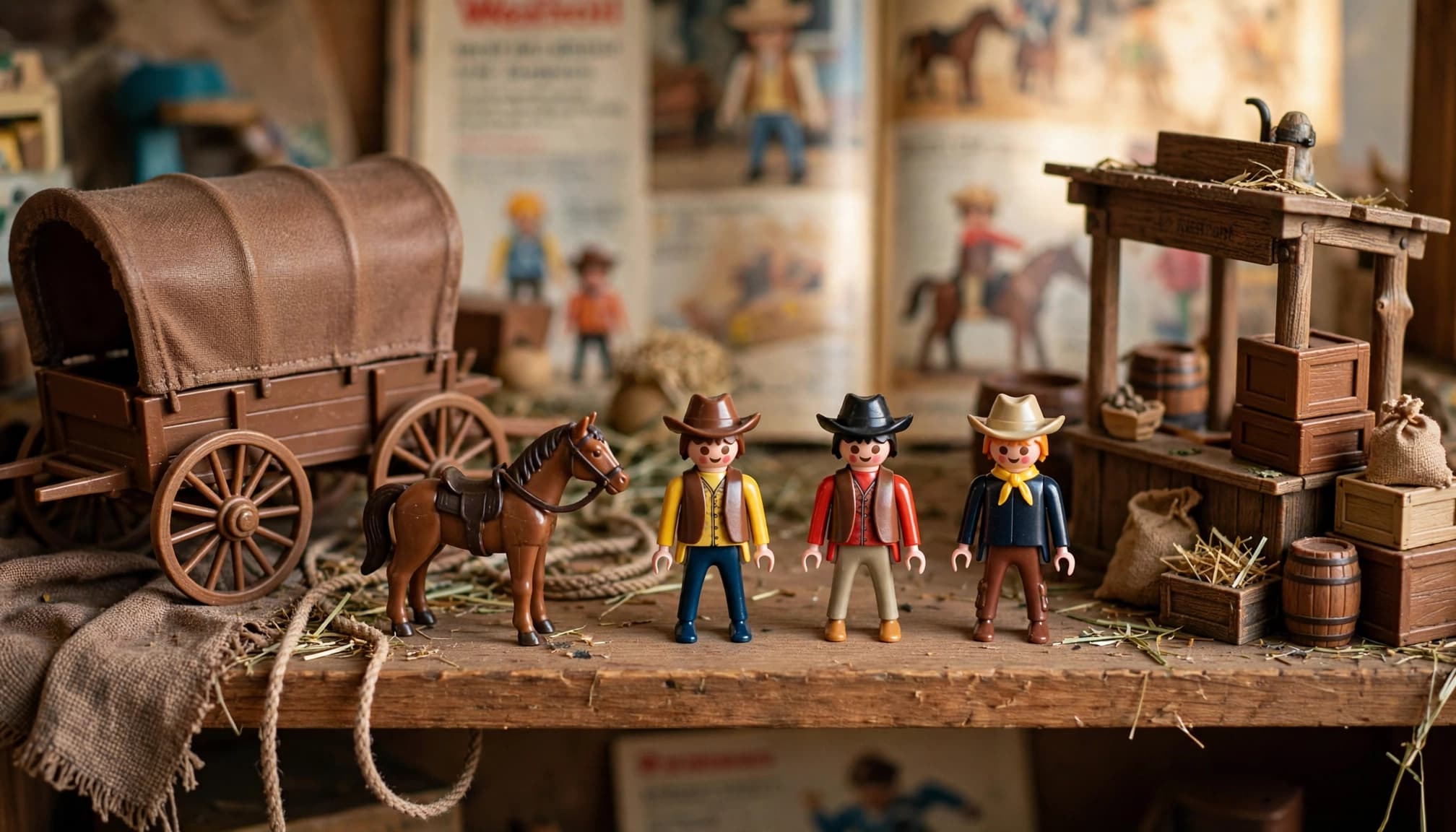 Vintage 1980s Playmobil Western toys including a covered wagon, three cowboy figures, a horse, and a trading post.